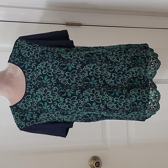J. Crew Tops - J. Crew Collection, Navy with Green Embroidered Lace Top, Silk Sleeves, Size 8